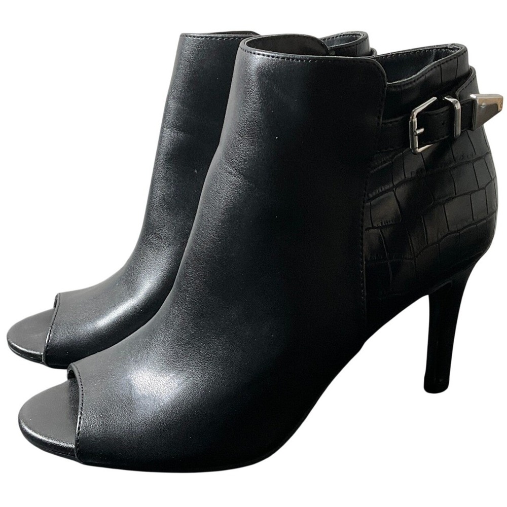 Unisa Selly 3 Black Croc Embossed Peep Toe Ankle Booties Stiletto Heels 8.5M